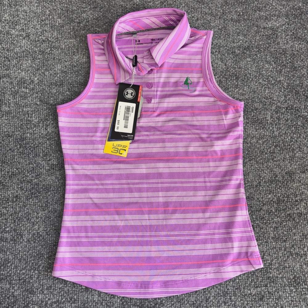 Under Armour Girls Youth Small Pink Striped Sleeveless Polo Shirt HeatGear UPF30